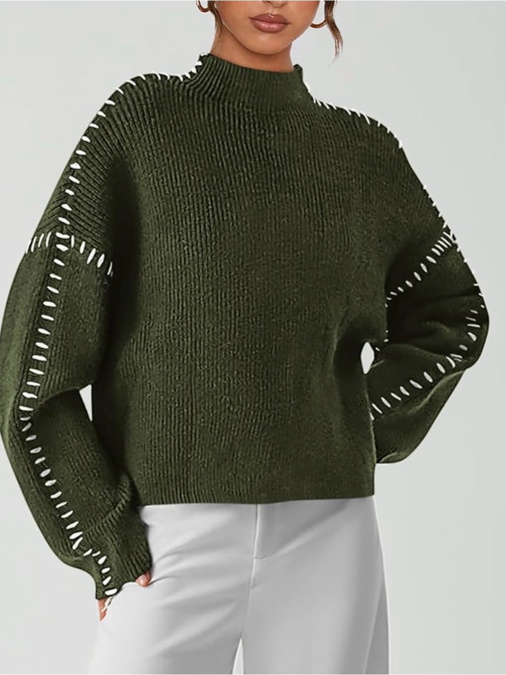 Olive High-Neck Sweater with Contrast Stitch Detail